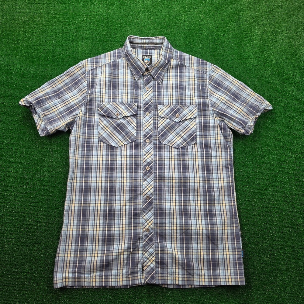Kuhl Shirt Mens Small Blue Plaid‎ Suncel Short Sleeve Hiking Traveling Button Up